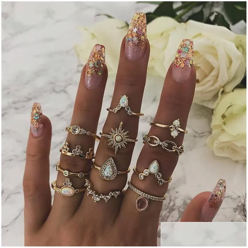 cluster rings romad 12pcs/pack bohemia set vintage crown water drops stars geometric crystal opal ring women bridal party jewelry r3