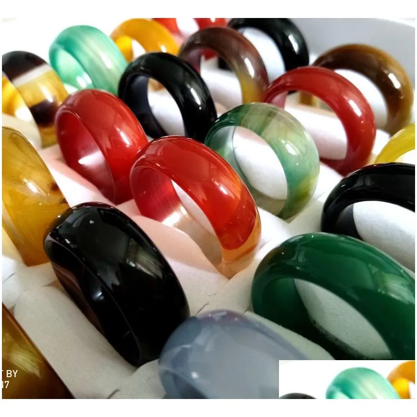 20pcs/lot men women multicolor smooth solid jade ring lady beautiful agate ring natural gem stone charm jewelry lover xmas gift great