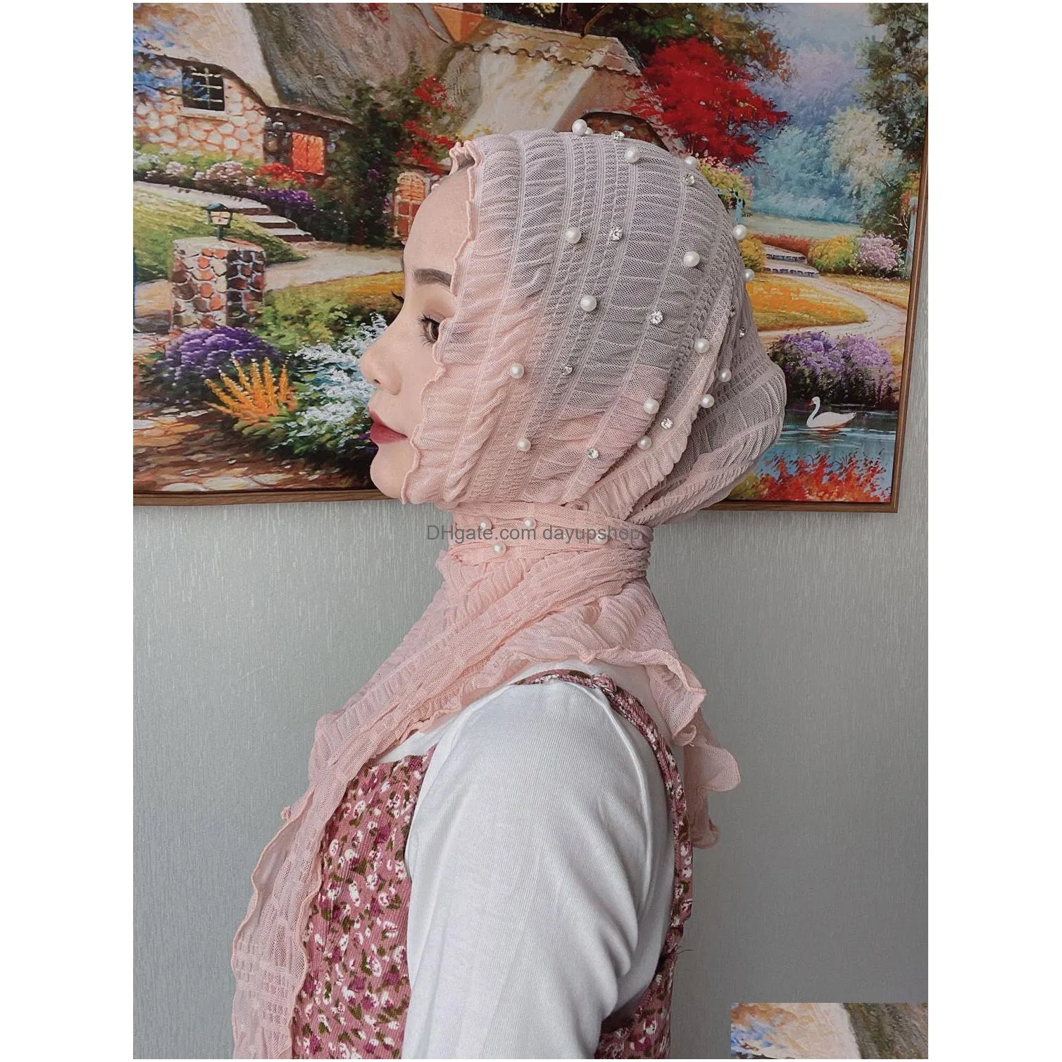 hijabs muslim women`s headscarf arabian islamic ladies headscarves chiffon pearl gauze hooded veil ladies fashion summer scarf 230509