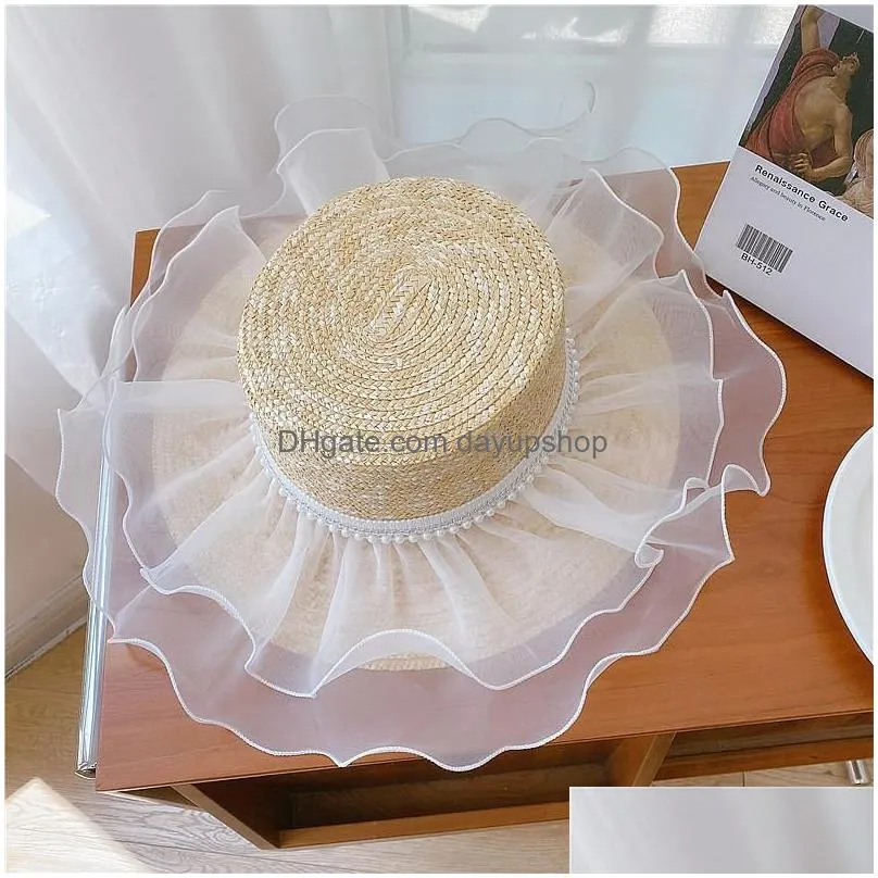 wide brim hats omea wheat straw hat beach summer pearl hemming double layers white gauze lace elegant korean fashion visor luxury cap