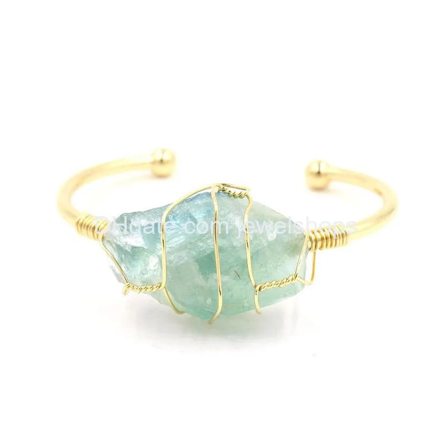 gemstone wire wrapped bangle irregular raw mineral crystal stone gold plated cuff open bangle for women girl gift