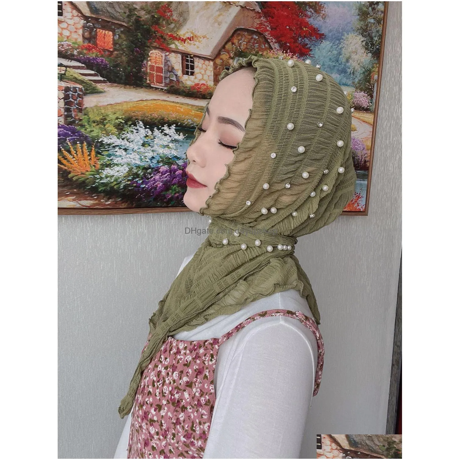 hijabs muslim women`s headscarf arabian islamic ladies headscarves chiffon pearl gauze hooded veil ladies fashion summer scarf 230509