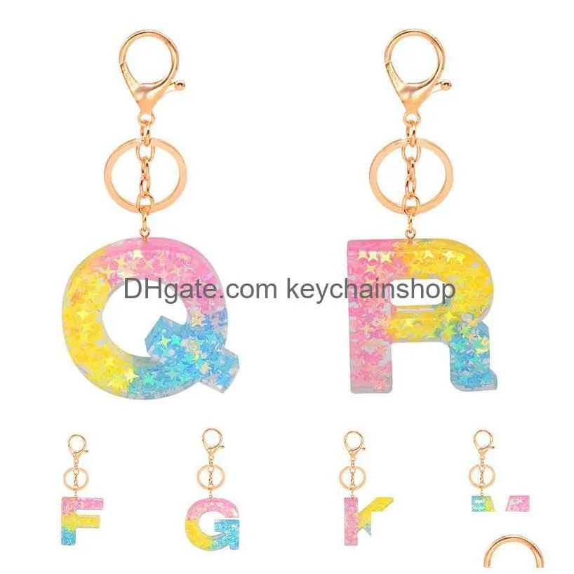 rainbow gradient star sequins keychains letter name a-z keyrings acrylic resin pendant key chain holder bag car charms jewelry