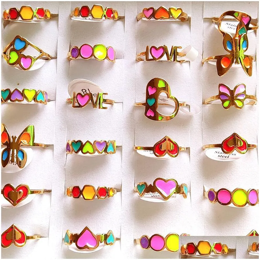 36pcs women cute colorful enamel stainless steel ring butterfly love heart girls smart rings party favor