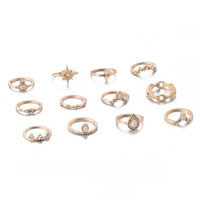 cluster rings romad 12pcs/pack bohemia set vintage crown water drops stars geometric crystal opal ring women bridal party jewelry r3