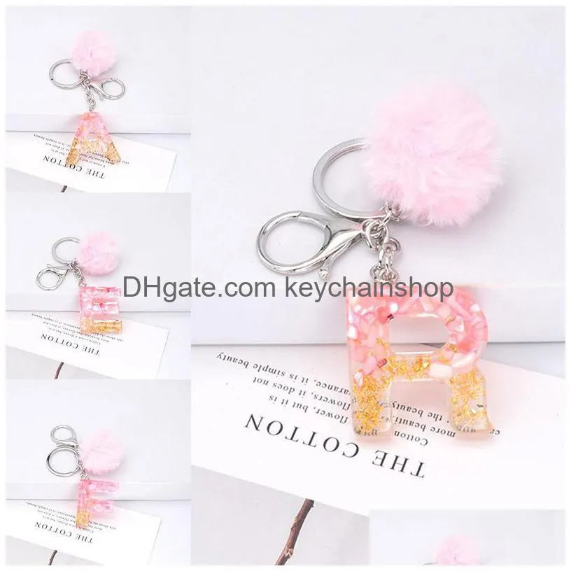 pink pompom english letter keychains gold leaf alphabet key chain rings with puffer ball glitter gradient resin car handbag
