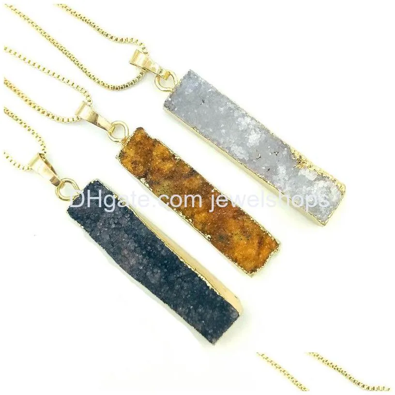 druzy agate long bar rectangle pendant geode quartz stone pendants with brass chain jewelry for men women