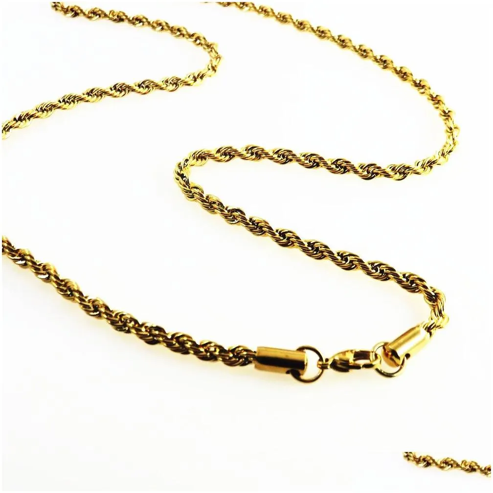 18K Gold Plated Rope Chain Stainless Steel Necklace for Women Men Golden Fashion Design Twisted Rope Chains Hip Hop Jewelry Gift 2 3 4 5 6 7mm 18-32inch Never