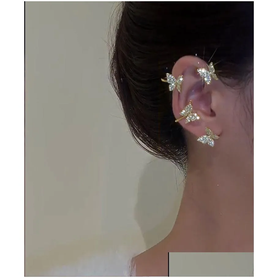 silver plated metal butterfly ear clips dangle earring without piercing for women sparkling zircon ear cuff clip earrings wedding