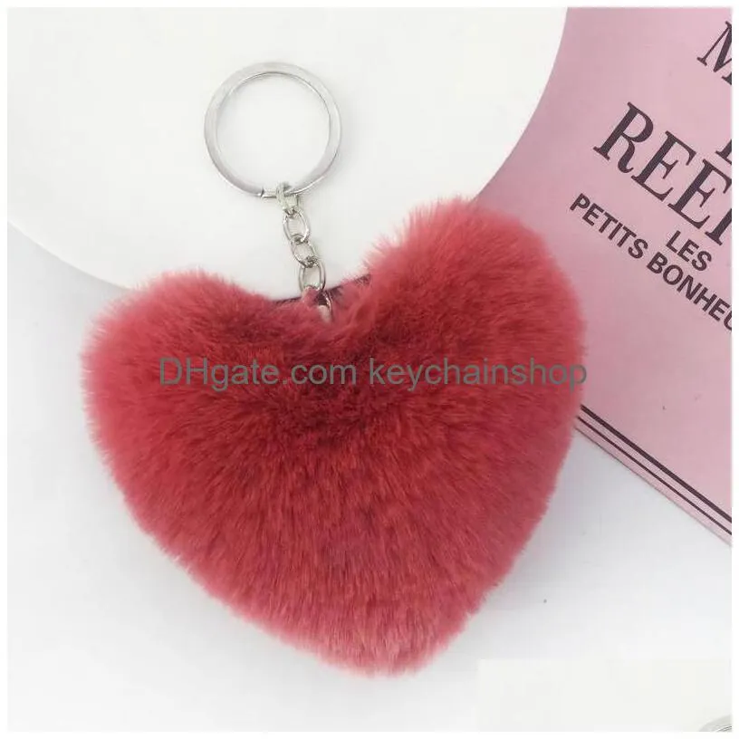 fluffy pompom keychain soft solid color heart shape faux rabbit fur ball car handbag key ring gift accessories