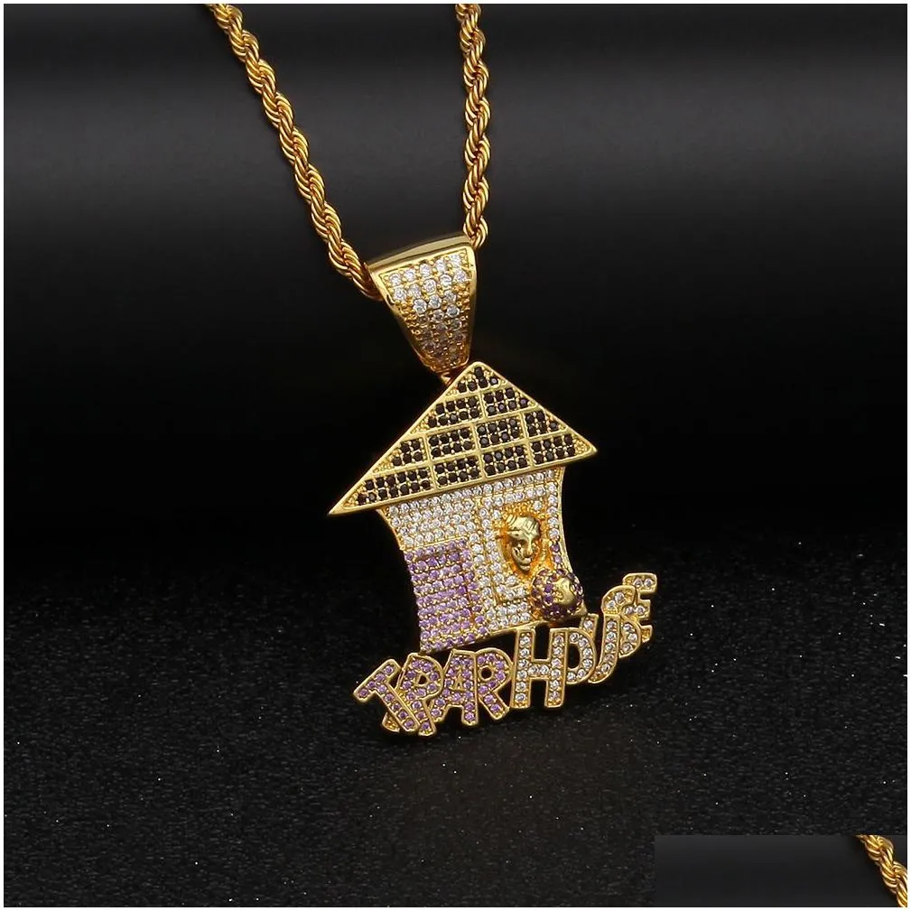 whosale trap house pendant cz bling purple iced out micro paved necklace for men hiphop jewelry