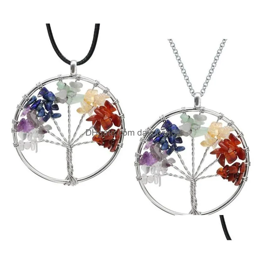 tree of life quartz pendant necklace rainbow 7 chakra multicolor natural stone wisdom tree leather chain necklace for girls