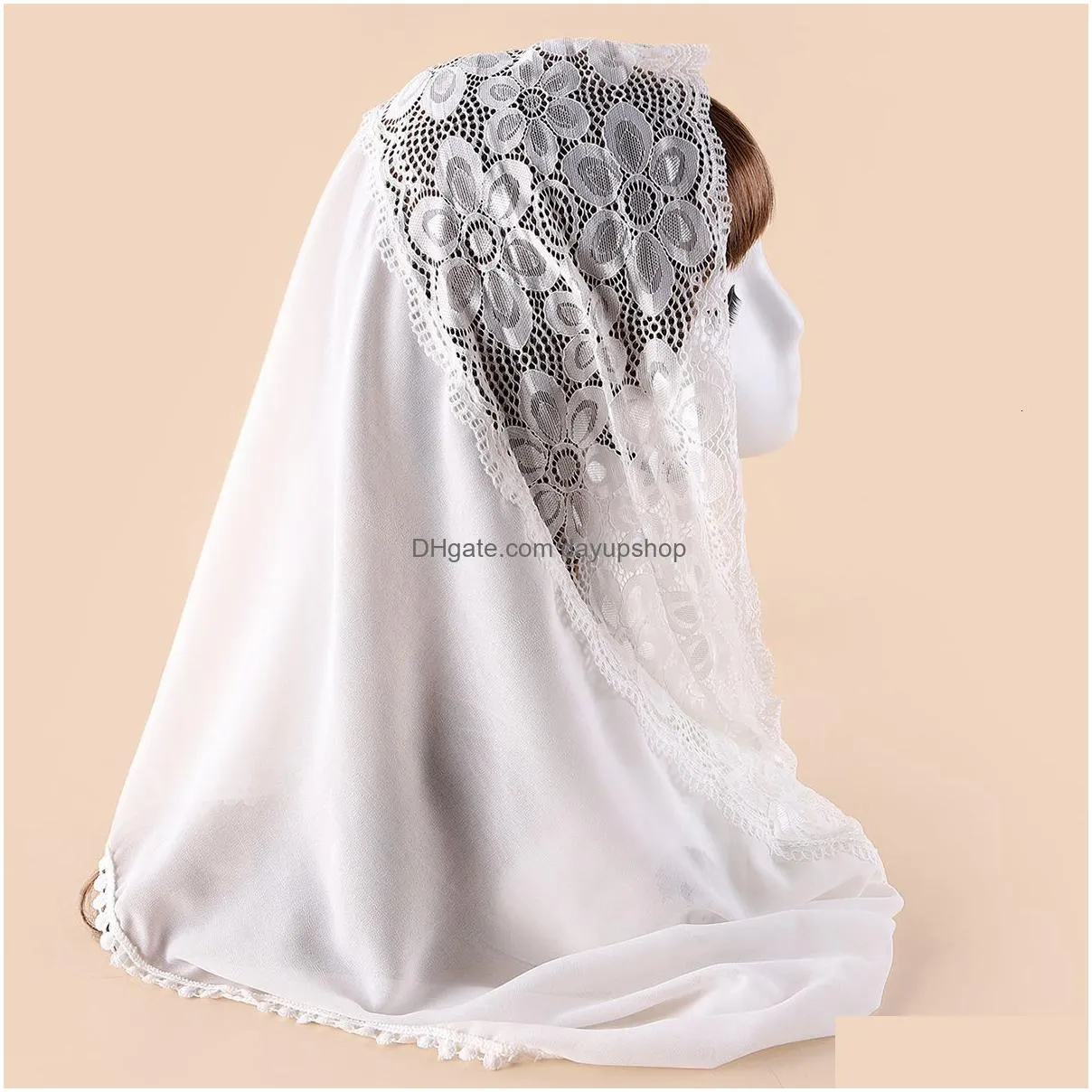 hijabs high quality catholic wedding veil prayer turban shawl church ladies flowers lace long scarf muslim women hijab scarves headwear