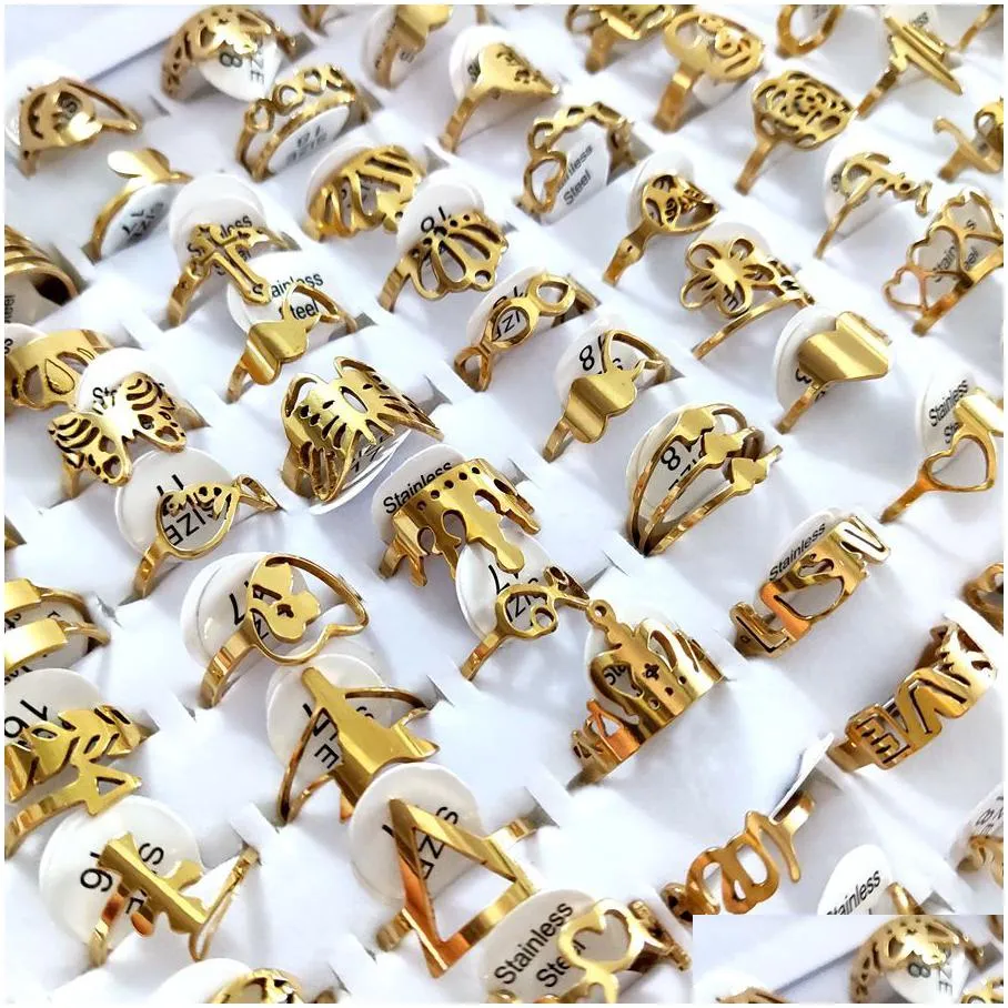 100pcs/lot laser cutting rings for women styles mix gold stainless steel charm ring girls birthday party favor female beautiful jewelry wholeale