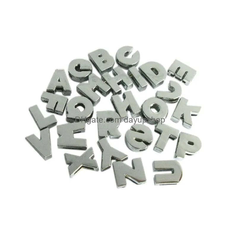 50pcs/lot hole 10mm chrome plain slide letter a - z alloy diy slide charms english alphabet fit for 10mm leather wristband bracelet keychains jewelrys