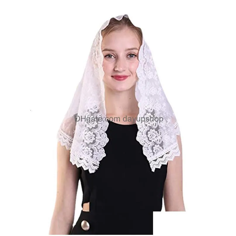 hijabs white bride flower lace muslim church chapel veil mantilla 230509