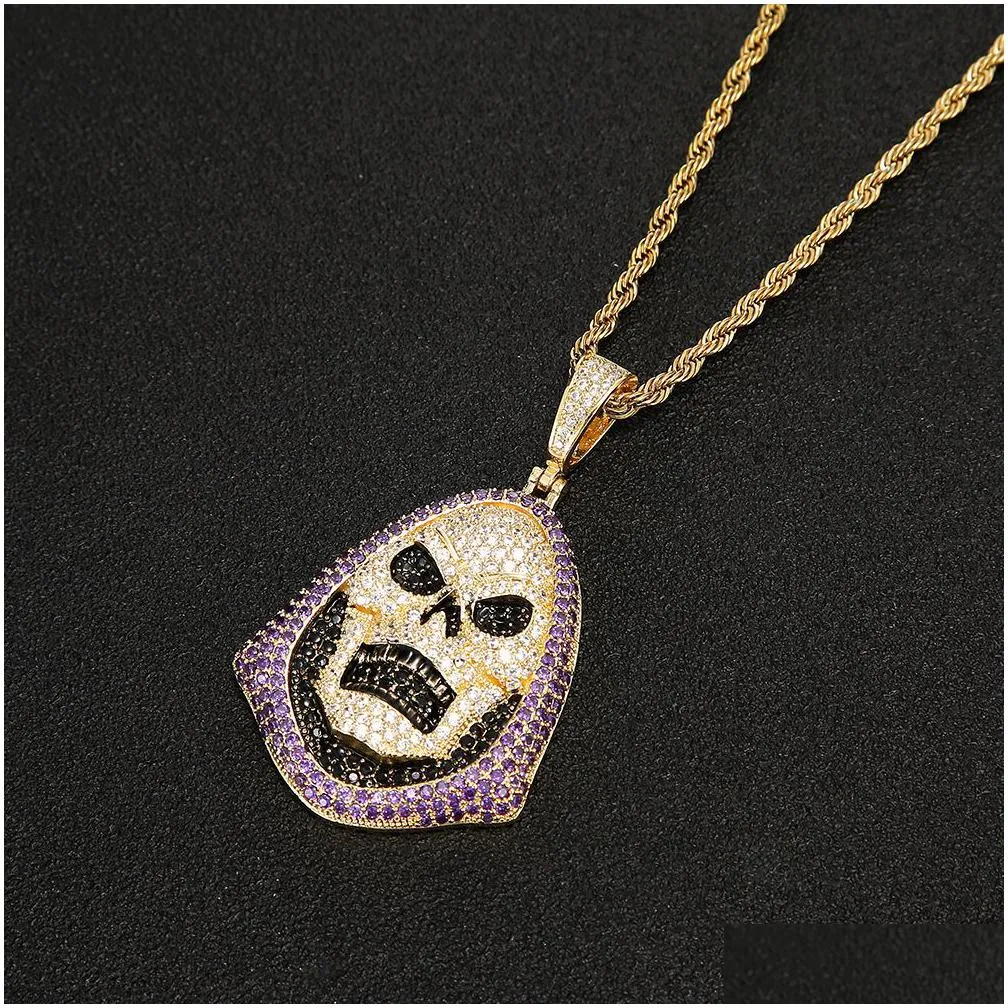 hip hop hoody skull purple stone pendant necklace tennis chain gold silver cubic zirconia rock jewelry