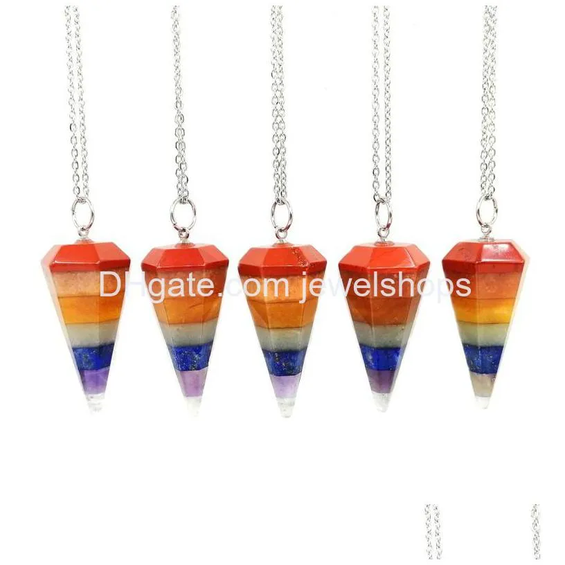 seven chakra hexagonal cone pendant candy color style layered dowsing pendulum gemstone charm with stainless steel chain for yoga