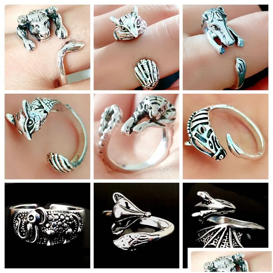 20pcs 20 designs animal metal rings top styles mix cicada monkey silver-plated retro ring wholesale party jewelry