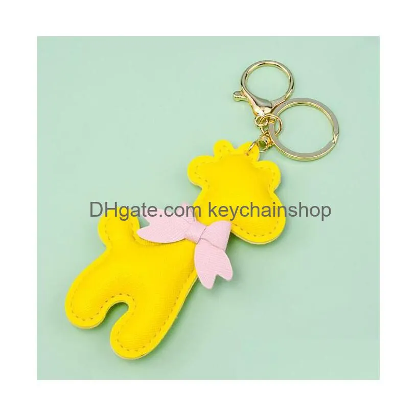 candy colored giraffe keychains fashion bow pu lanyard car key chain women`s bag decorative pendant pure color