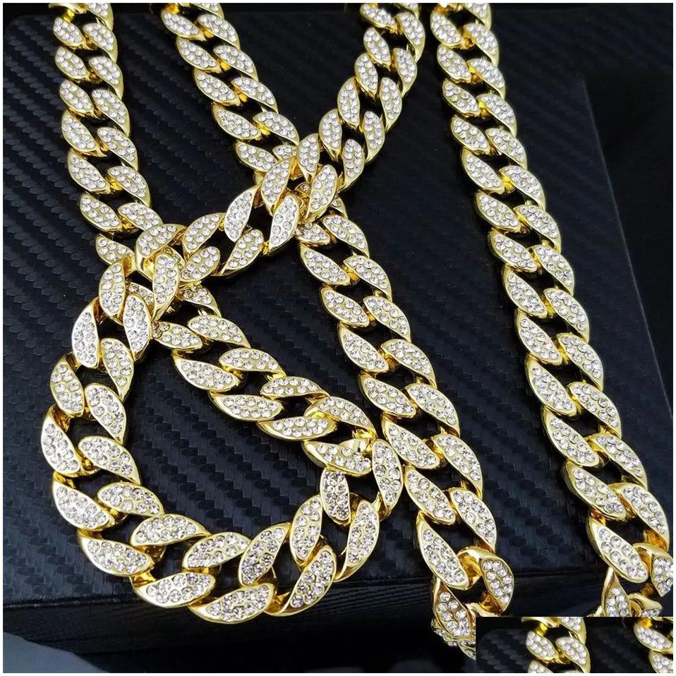 whosale 16inch 18inch 20inch 22inch 24inch 26inch 28inch 30inch iced out rhinestone gold silver  cuban link chain men hiphop
