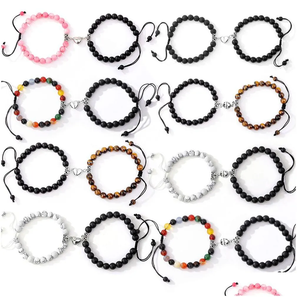 2pcs creative magnet attract couple charm strand bracelets good friend lover 8mm natural stone beads handmade braided rope woven bracelet for