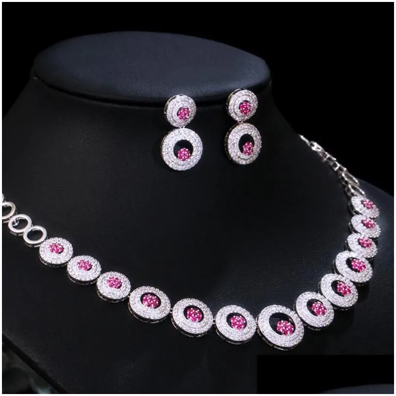 Earrings & Necklace Pera Exclusive Design Royal Blue Cubic Zirconia Round Circle Link Choker Women Wedding Party Jewelry Set For Bride