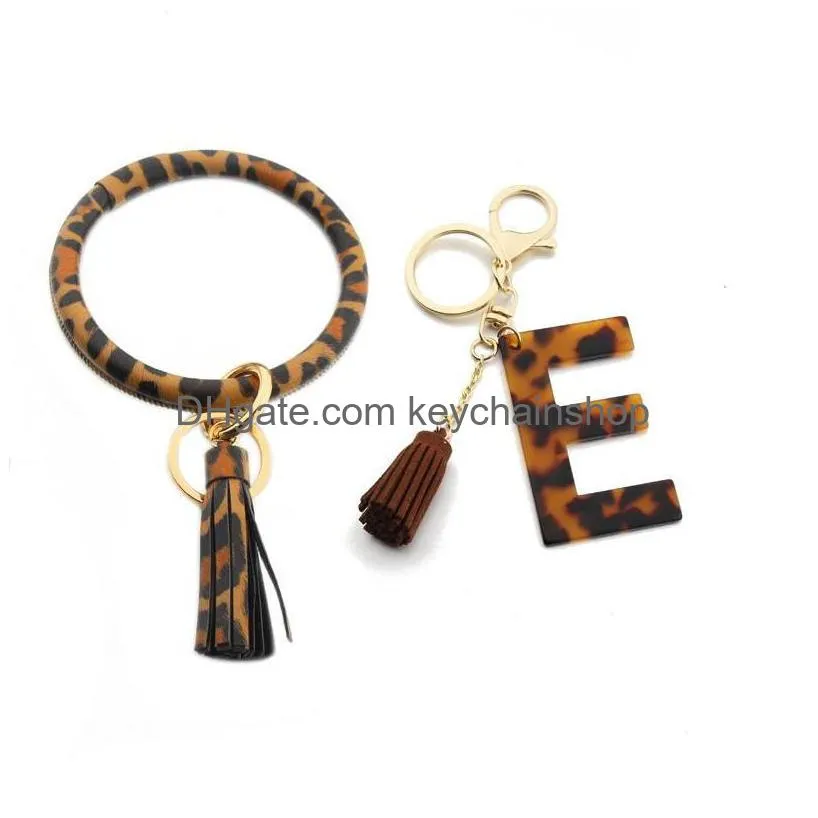 acrylic letters wristlet key ring tassel leopard circle bangle keychains chain leather keychain bracelet for women