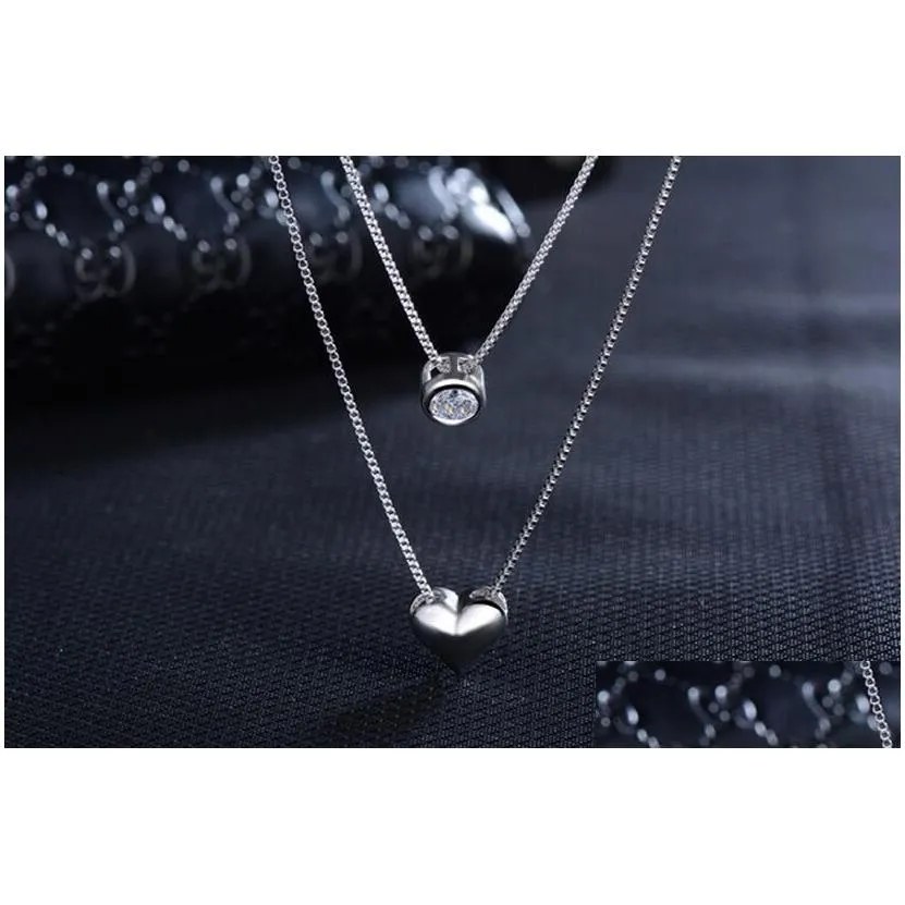 925 sterling silver necklace double layer chain zircon heart pendants necklaces for women kolye choker s-n157
