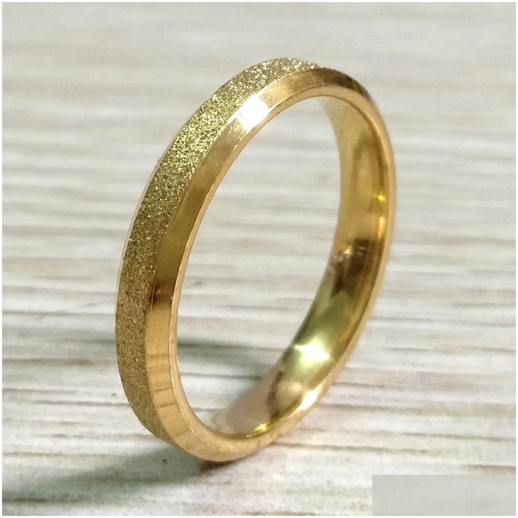 50pcs sand surface quality 4mm gold frosted bevel edges stainless steel ring comfortable fit men & women gift favor party jewelry