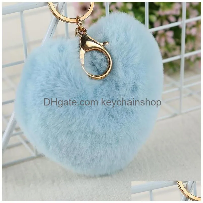 fashion heart pompoms keychain colorful fuzziness plush balls keyring decorative pendant for women car bag accessories key ring