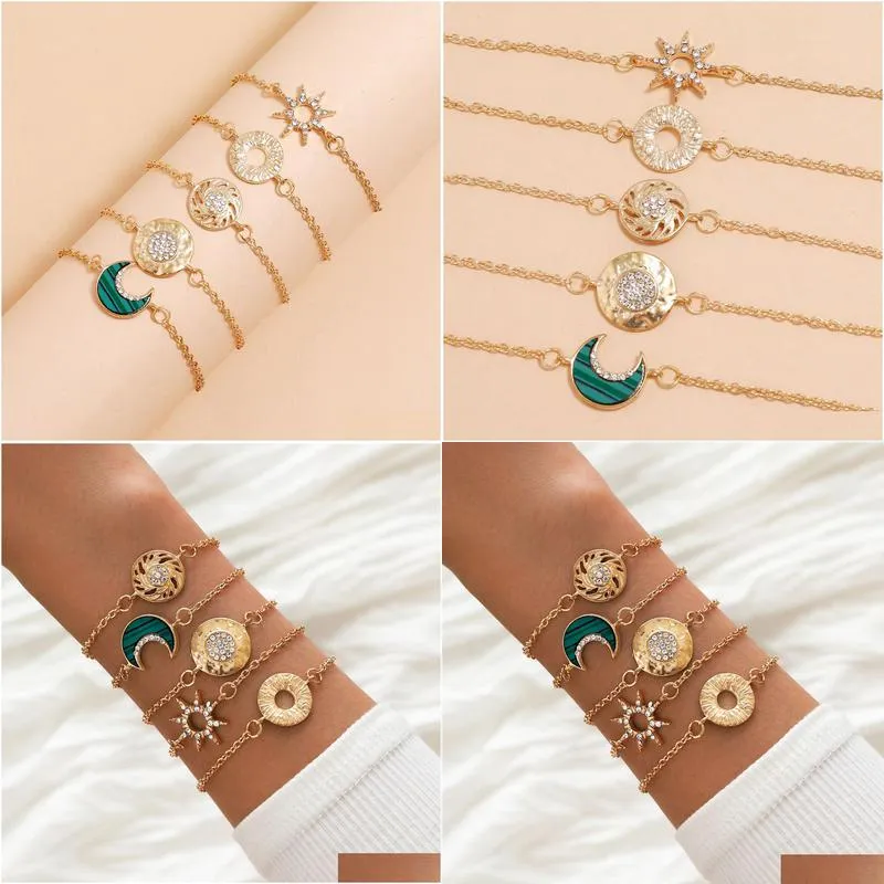 5pcs/set bohemia geometric circle moon charm bracelets hollow rhinestone sun star decor gold color chain wristlets jewelry gift