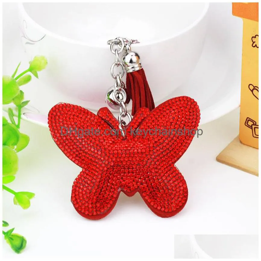 fashion butterfly pendant keychain for women girls rhinestone key ring holder pu leather car key chains accessories