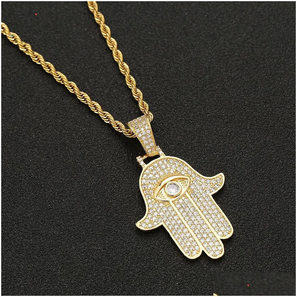 iced zircon hamsa hand pendant copper material gold silver fatima palm necklace hip hop jewelry for men women