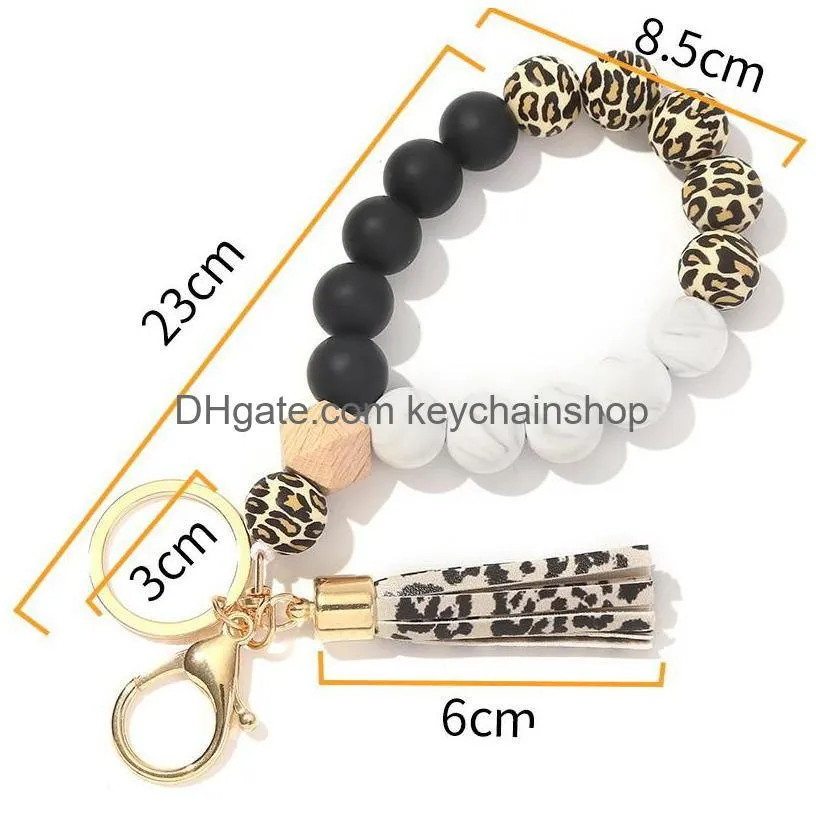 9 colors silicone leopard keychain for key rings tassel wood beads bracelet keyring women accessories