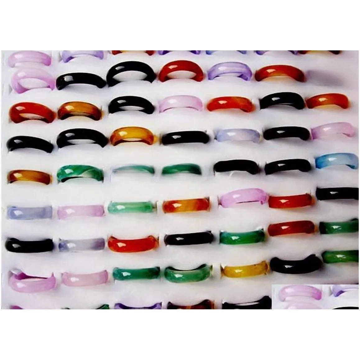 wholesale lots 50pcs smooth surface cute ring punk finger ring colorful men women`s agate stone rings