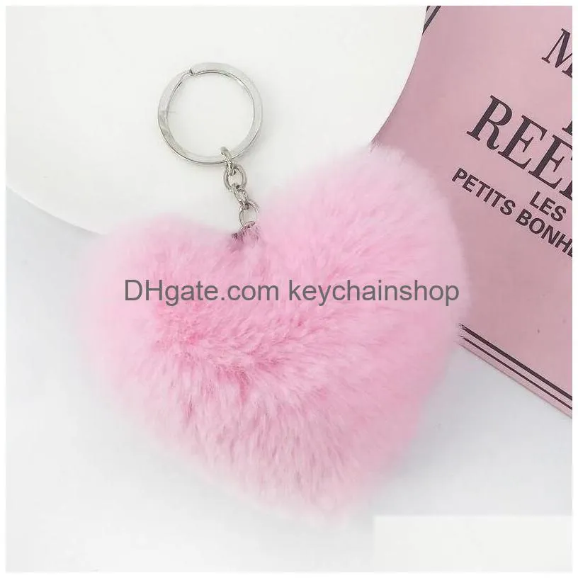 fluffy pompom keychain soft solid color heart shape faux rabbit fur ball car handbag key ring gift accessories