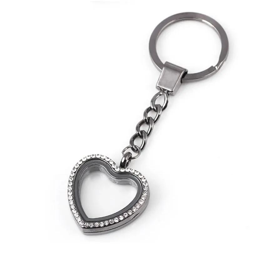 Floating Locket Keychains 30*8mm Full Rhinestone Heart Glass Key Ring Fit Floating Charms Key Chain Fashion Keyring