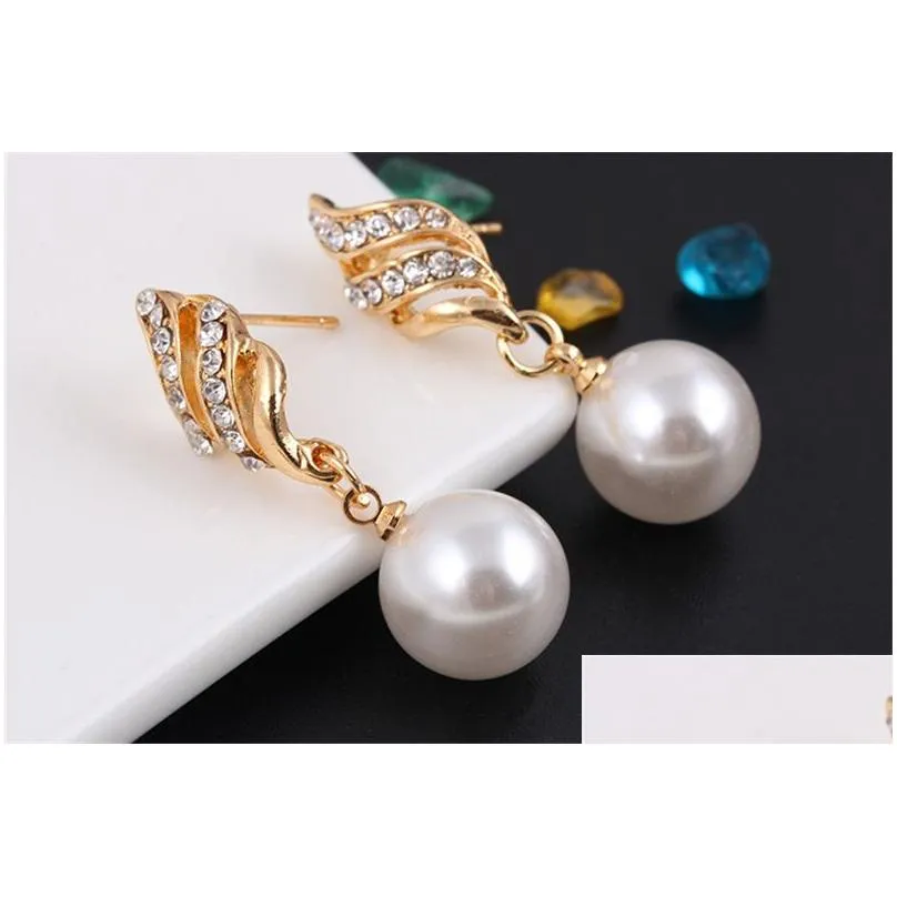 Crystal Rhinestone Jewelry Sets Bridal Wedding Silver Gold Color Fashion Imitation Pearl Stud Earrings Necklace Set for Women Girls