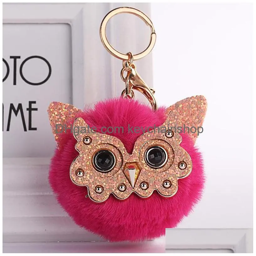 cute pompom keychain jewelry trendy animal owl keyring lovely pom pom rabbit fur ball key chain women key holder bag pendant