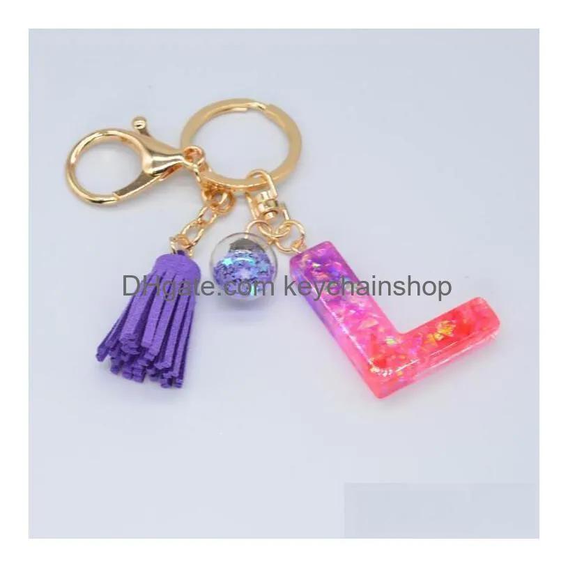 fashion resin flash pink 26 letter keychains clash color mosaic tassel pendant purple glue english word keychain