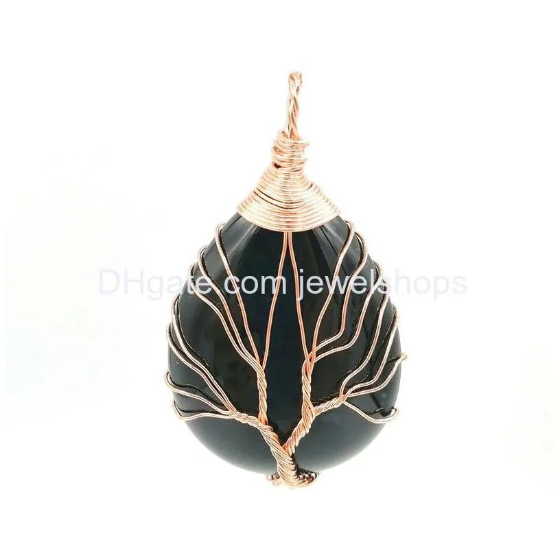 brass wire wrapped tear drop gemstone life tree pendant rose gold plated amethyst onyx pendants with brass chain necklace gift for women