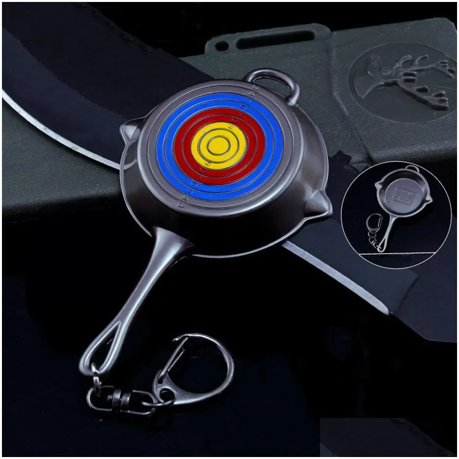 meidi hot game pubg 4 styles frying pan keychain with olive branch bull`s-eye pattern figure key holder accessory for fan sp1349