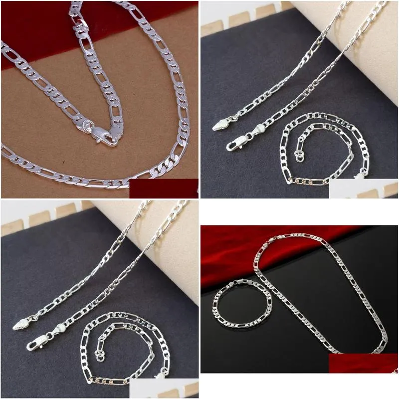 Earrings & Necklace Pure Silver 925 Jewelery Sets For Men 4mm Figaro Chain Bracelet & Man`s Jewelry 2pcs Accesories Party GiftsEarri