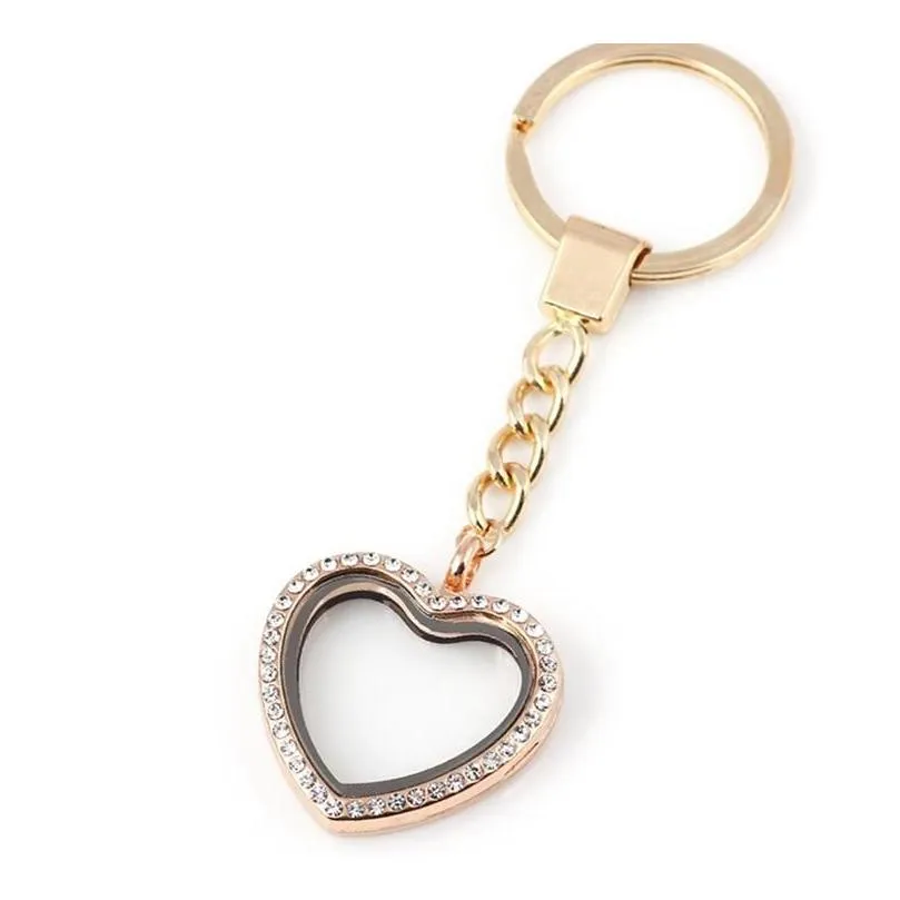 Floating Locket Keychains 30*8mm Full Rhinestone Heart Glass Key Ring Fit Floating Charms Key Chain Fashion Keyring