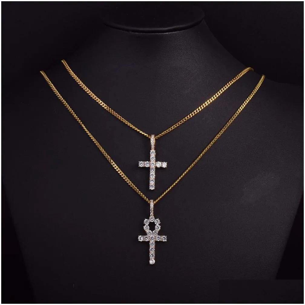 iced zircon ankh cross necklace jewelry set gold silver copper material bling cz key to life egypt pendants necklaces