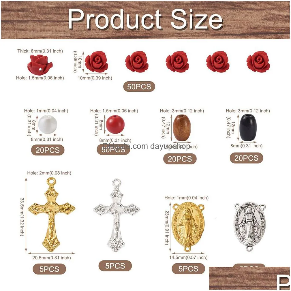 acrylic plastic lucite cross rosary necklace making kit with cinnabar rose bead wood bead glass pearl bead oval center link connectors charm diy supply