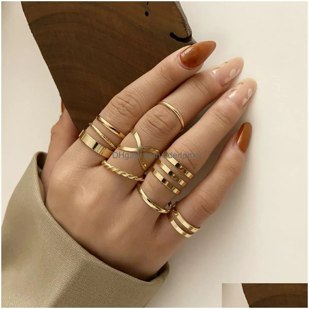 7pcs fashion punk joint ring set geometric twist minimalist jewelry metal circular silver golden rings for women street dance