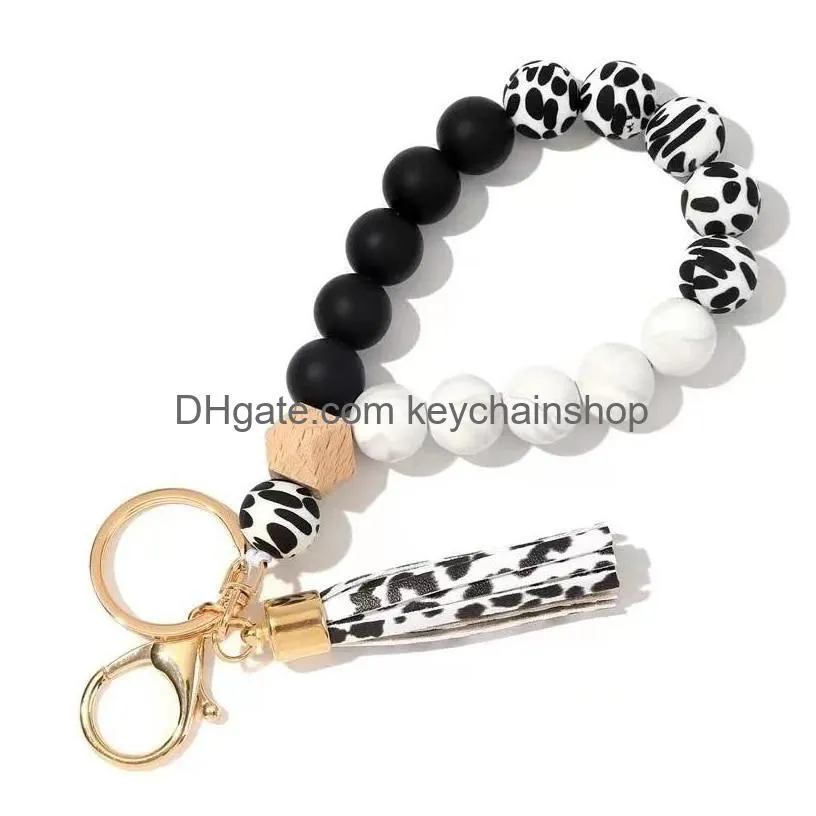 9 colors silicone leopard keychain for key rings tassel wood beads bracelet keyring women accessories