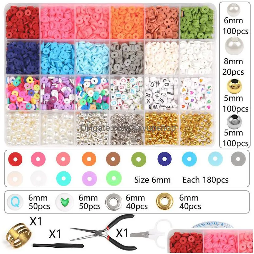 acrylic plastic lucite flat round polymer clay spacer beads kit letter acrylic bead shell pearl charms box for jewelry making diy bracelet necklace set